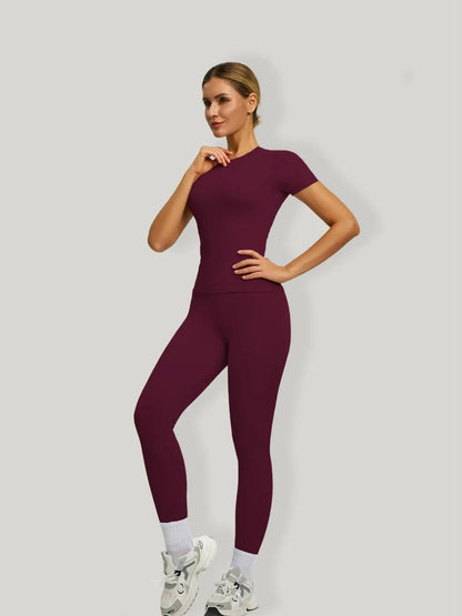Women'S Short Sleeve Sporty Set, High Waist Yoga Pants & T-Shirt Combo, Ideal for Fitness Gym Sculpting Workout