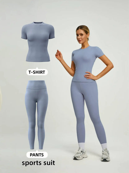 Women'S Short Sleeve Sporty Set, High Waist Yoga Pants & T-Shirt Combo, Ideal for Fitness Gym Sculpting Workout