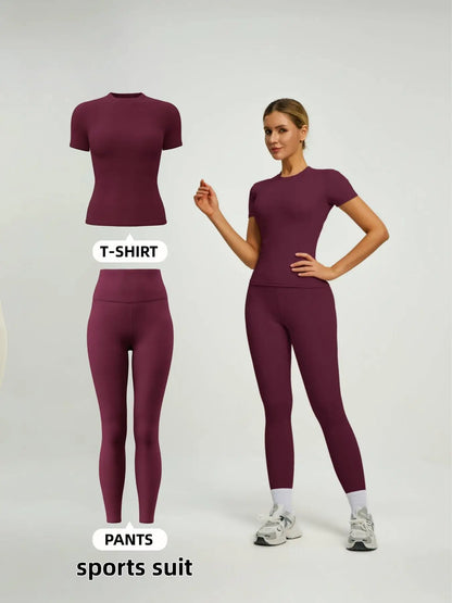 Women'S Short Sleeve Sporty Set, High Waist Yoga Pants & T-Shirt Combo, Ideal for Fitness Gym Sculpting Workout