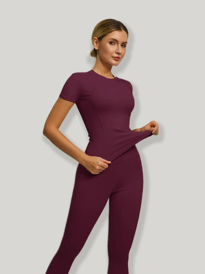 Women'S Short Sleeve Sporty Set, High Waist Yoga Pants & T-Shirt Combo, Ideal for Fitness Gym Sculpting Workout