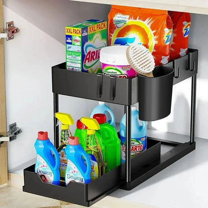 2-Tier Pull Out under Sink Organizer, Storage Rack with Hooks & Cups, Space Saving Slide-Out Shelf for Kitchen Bathroom Cabinet
