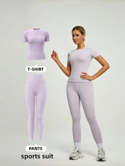 Women'S Short Sleeve Sporty Set, High Waist Yoga Pants & T-Shirt Combo, Ideal for Fitness Gym Sculpting Workout