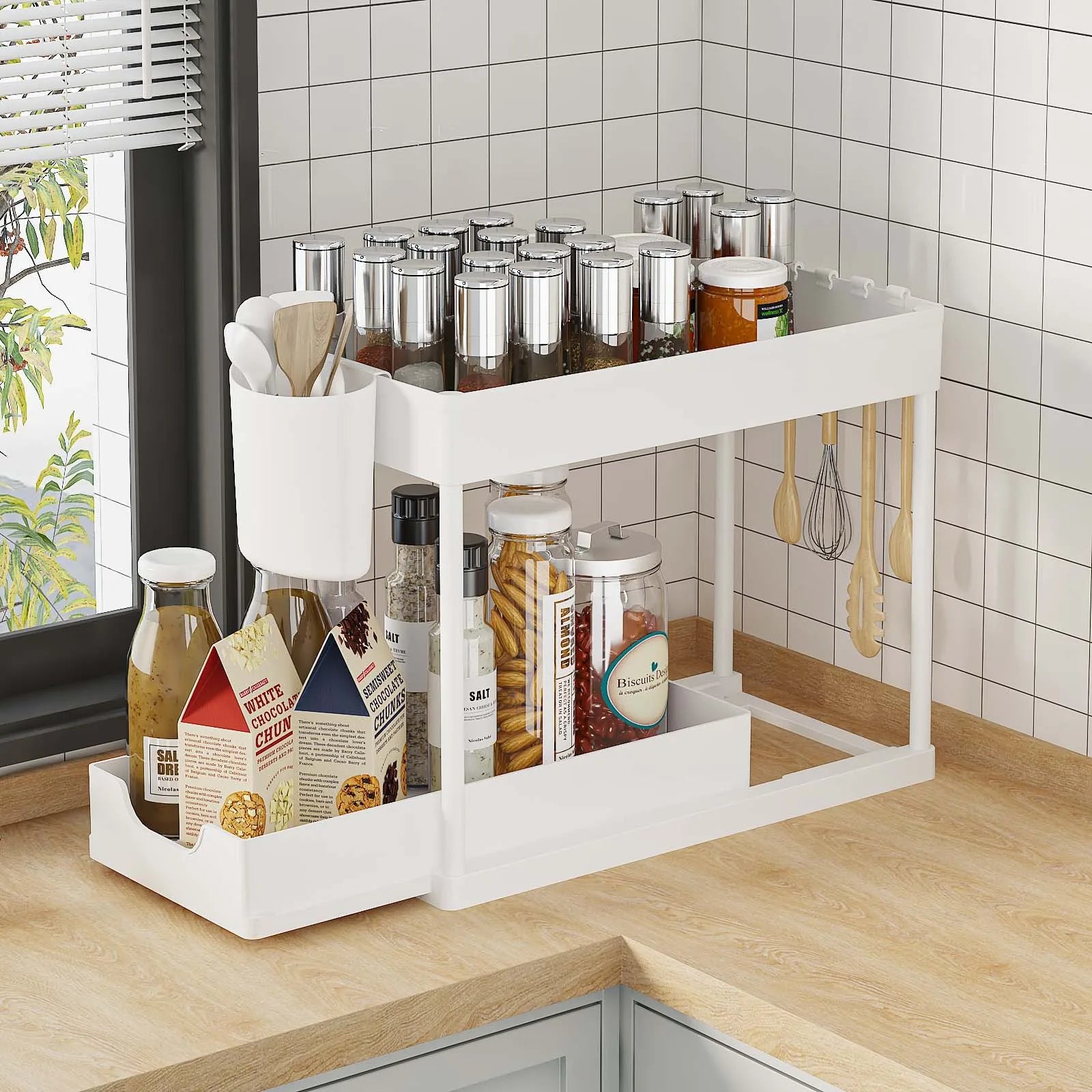2-Tier Pull Out under Sink Organizer, Storage Rack with Hooks & Cups, Space Saving Slide-Out Shelf for Kitchen Bathroom Cabinet