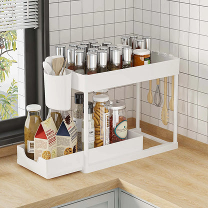 2-Tier Pull Out under Sink Organizer, Storage Rack with Hooks & Cups, Space Saving Slide-Out Shelf for Kitchen Bathroom Cabinet