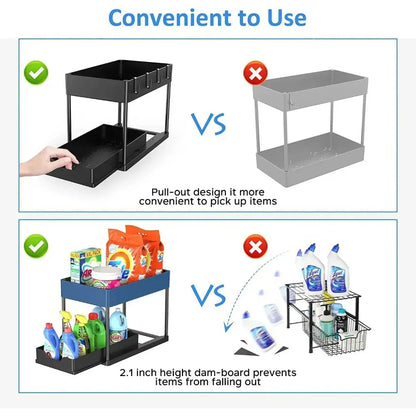 2-Tier Pull Out under Sink Organizer, Storage Rack with Hooks & Cups, Space Saving Slide-Out Shelf for Kitchen Bathroom Cabinet