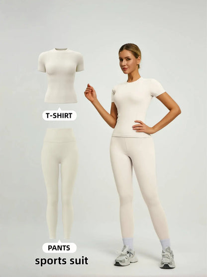 Women'S Short Sleeve Sporty Set, High Waist Yoga Pants & T-Shirt Combo, Ideal for Fitness Gym Sculpting Workout