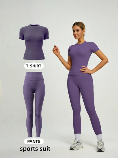 Women'S Short Sleeve Sporty Set, High Waist Yoga Pants & T-Shirt Combo, Ideal for Fitness Gym Sculpting Workout